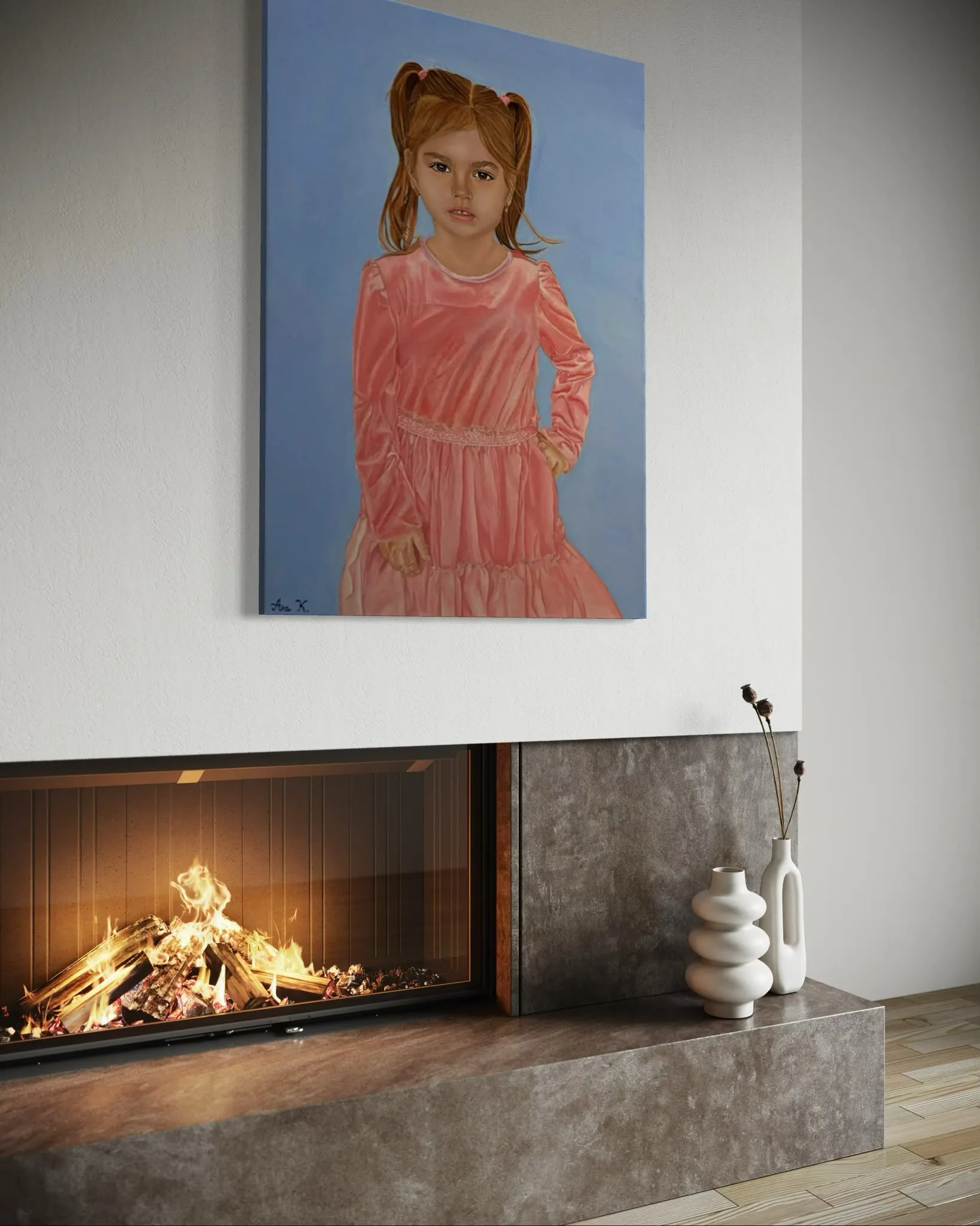 Oil portrait of a young girl in a pink dress against a blue background, painted by Ana Kovač